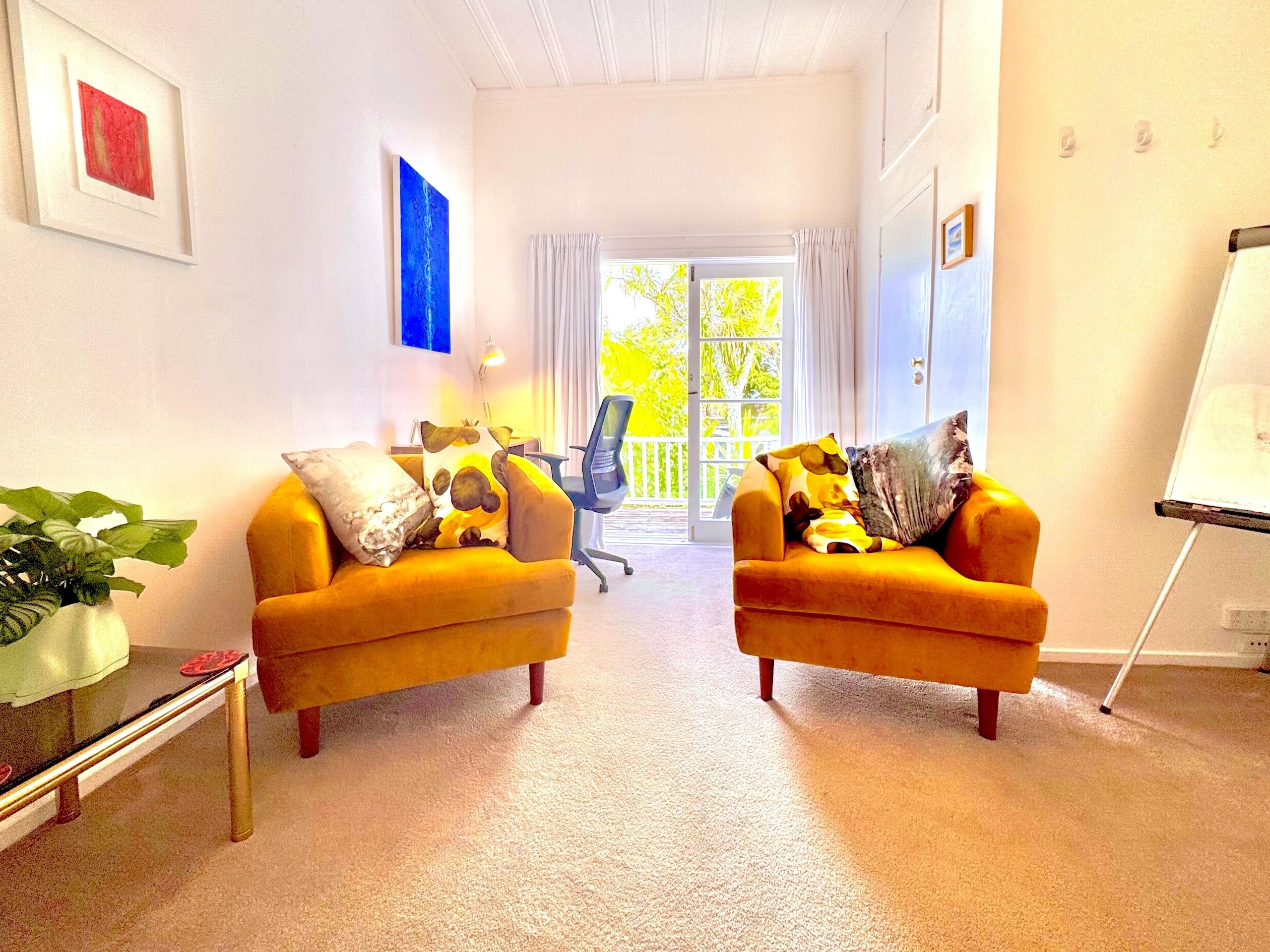 Those two golden/mustard chairs are the most comfortable seats in the whole clinic. Beautiful furnishings and artworks in Clinic Four perfectly put together by Brown St Practice's OG clinician, David Chaloner. Brown-St-Practice,brown-street-practice,brownstpractice,david-chaloner,psychology,psychologist,psychiatry,psychiatrist,psychotherapy,psychotherapist,counselling,therapy,ADHD-diagnosis,room-rental,rooms-for-rent,office,clinic-rooms,clinic-space,auckland-central,auckland-cbd,ponsonby,grey-lynn,westmere,family-therapy,sex-issues,couples-counselling,addiction,drugs,alcohol,substance-abuse,best-psychologist-in-nz,best-therapist-in-auckland,beautiful-furniture,art-deco,interior-design,furnishings,stylish